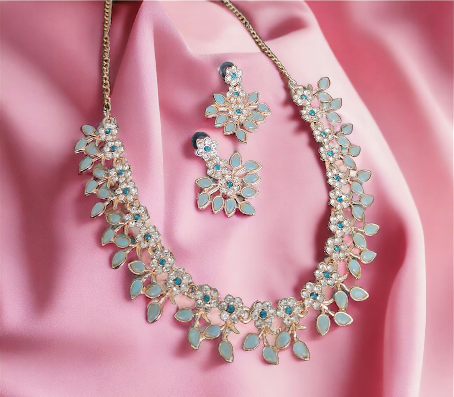 Phool AD Necklace & Earrings Set (Pink/Blue)