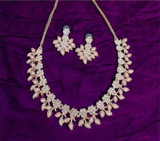 Phool AD Necklace & Earrings Set (Pink/Blue)